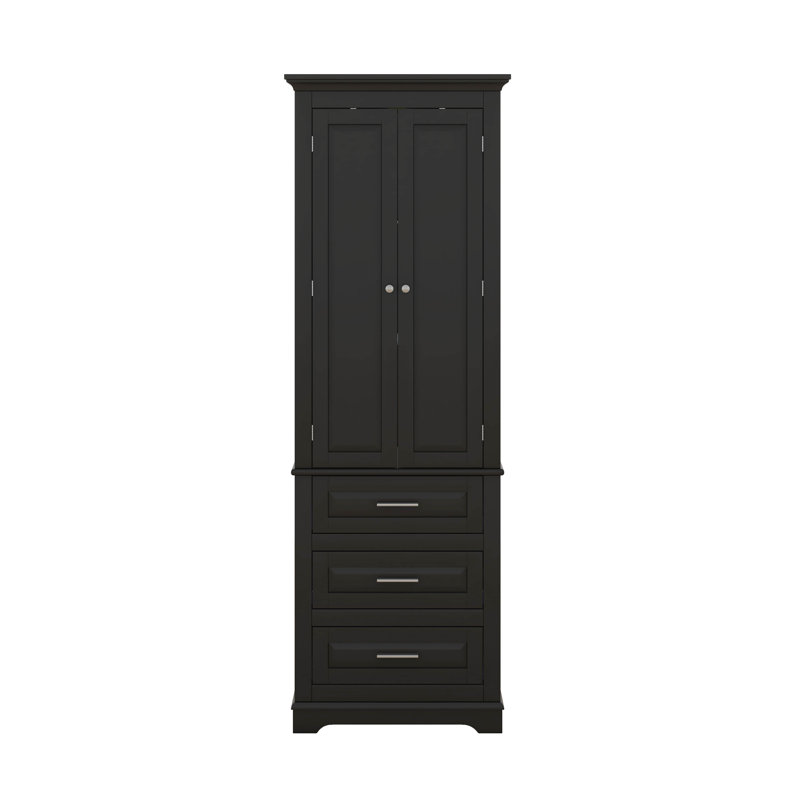 Armoire de rangement autoportante pour salle de bain avec 2 portes, tablette réglable et 3 tiroirs, Noir