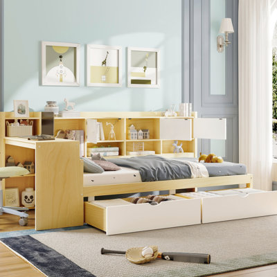 Natural White L-Shape Daybed With Drawer And Cabinet Storage - Twin Ample Space Mattress Size