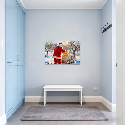 Christmas Santa Claus Harvesting Honey In Winter Landscape