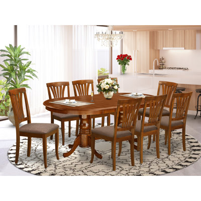 9 Piece Dining Table Set Includes an Oval Dining Room Table with Butterfly Leaf and 8 Linen Fabric Chairs, Saddle Brown