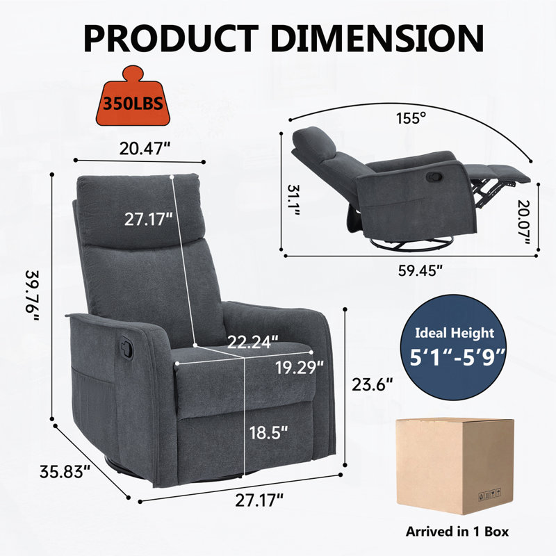 Chenille Swivel Manual Recliners with Heat Massage, Gray