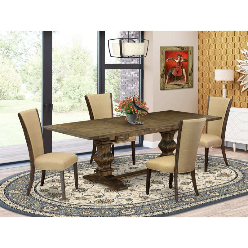 L'ensemble de table de salle à manger 5 pièces comprend une table de salle à manger rectangulaire avec rallonge amovible et 4 chaises rembourrées en tissu brun, jacobin vieilli
