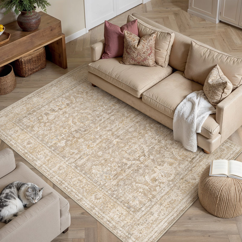 Quinn Vintage Washable Area Rug With Non-Slip Backing, Light Brown, Rectangle 8' x 10'