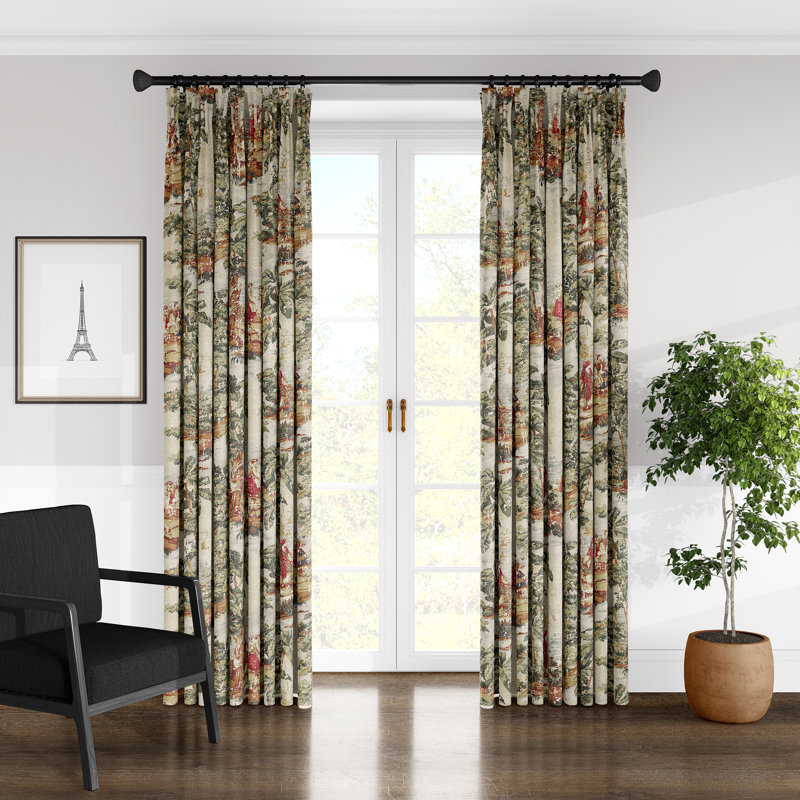 French Countryside Linen Blend Toile Room Darkening Pinch Pleat Single Curtain Panel, 20" W x 96" L
