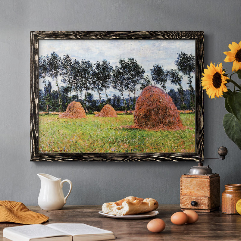 Haystacks, Overcast Day, 1884 - Toile tendue avec châssis rustique, H 18 po x l 26 po x P 1,5 po, Cadre noir