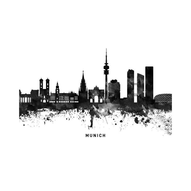 Munich Skyline Black & White - Wrapped Canvas Print, 20.32cm H x 30.48cm W x 1.91cm D