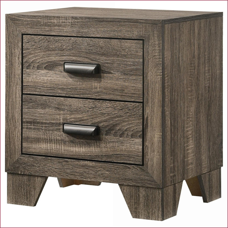 Table de chevet transitionnelle 2 tiroirs rustique gris avec quincaillerie en métal