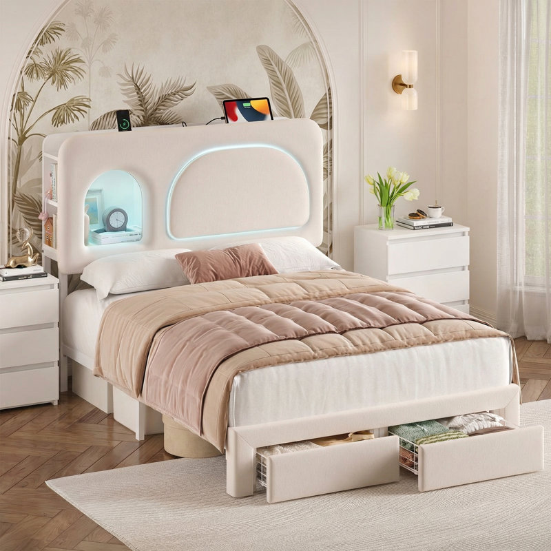 3-Piece Bedroom Sets, Arch Upholstered Storage Bed With Charging Port, Queen, White