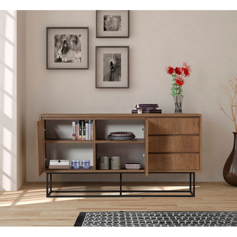 Modern Console Table with 3 Drawers, Walnut & Black Finish, 55.1 x 28.3 x 14.2 inches | 100% Melamine Coated Particle Board, Metal Legs, Wall-Mountable, Additional Storage, Perfect for Industrial Home Décor