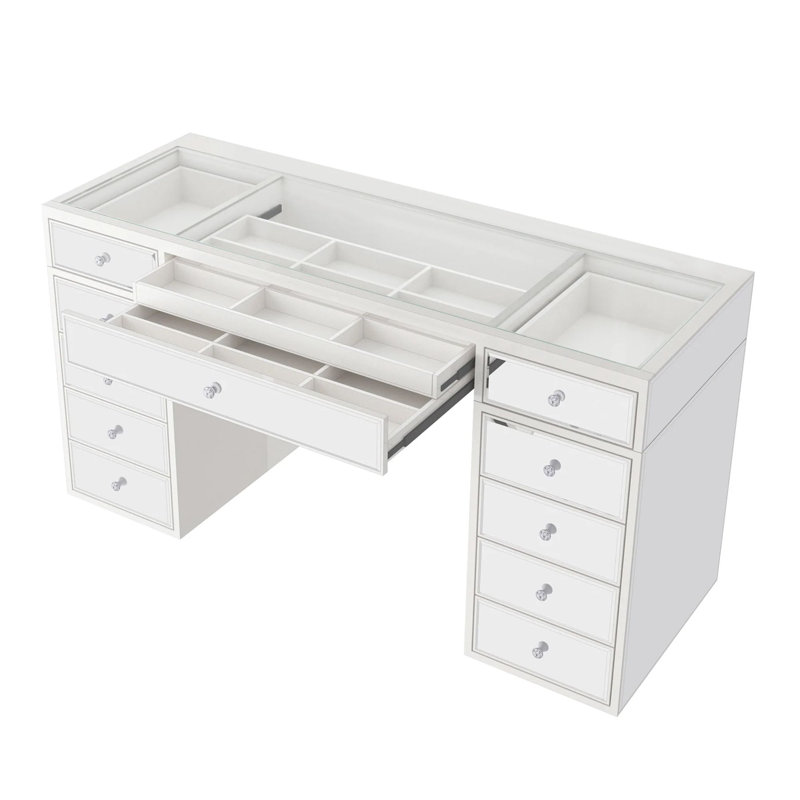 Table de coiffeuse à miroir avec 4 tiroirs, plateau en verre transparent, boutons de tiroir Crystal Lux Slay Station Luxe