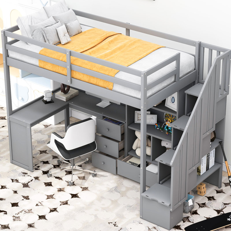 Lit mezzanine simple avec bureau en L, armoire, tiroirs et escalier au-delà du doute - Gris, Gris
