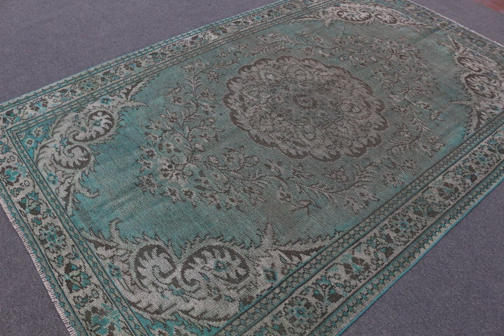 Tapis turc rétro bleu sarcelle et gris avec motif floral et médaillon