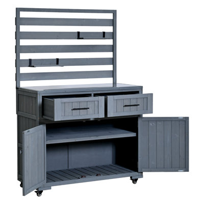 64.9'' H Large Patio Kitchen Island Solid Wood Kitchen Cart, Grill Prep BBQ Table, Garden Potting Bench with Stainless Table Top, 3 Movable Shelves and 2 Drawers
