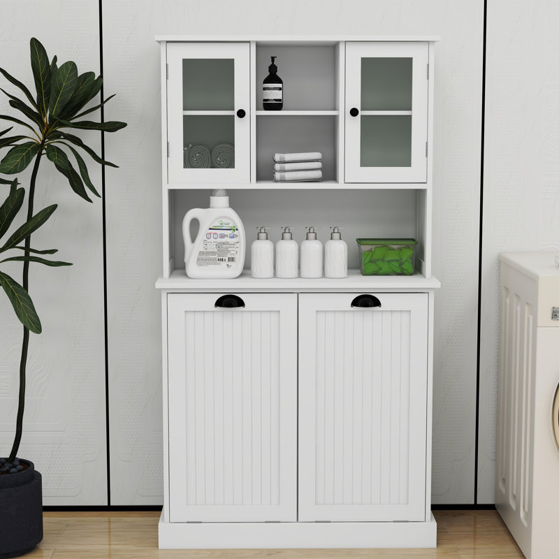 Laundry Cabinet With Painting - White And Attractive Adjustable Shelves For Space Optimization, White
