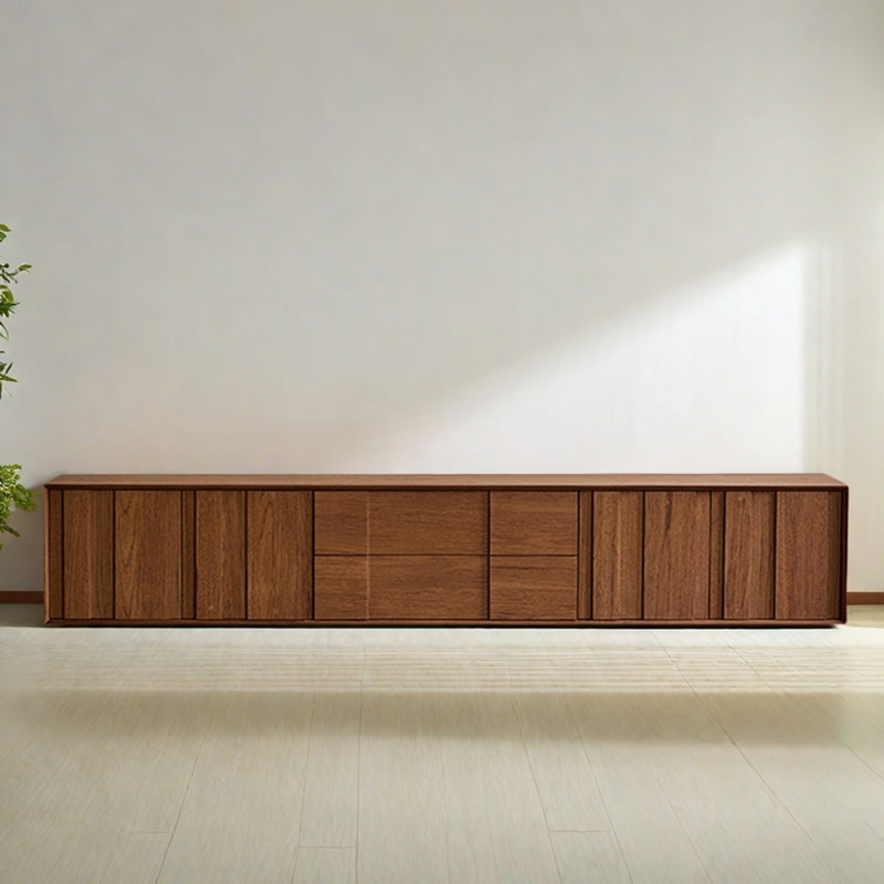 Meuble télé moderne en bois avec fond fermé, H 15,75 po x L 86,61 po x l 15,75 po, Marron clair
