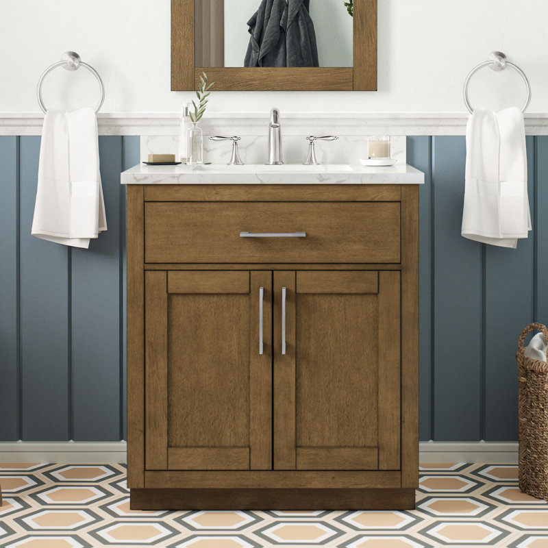 Athea 30 in. Single Sink Freestanding Almond Latte Bathroom Vanity with White Engineered Marble Top, Nickel Hardware