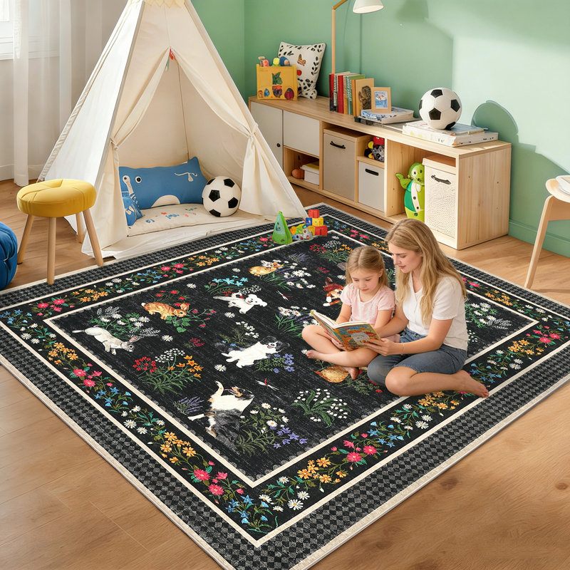 Tapis lavable à la machine Cute, Noir, Rectangle 9 pi x 12 pi
