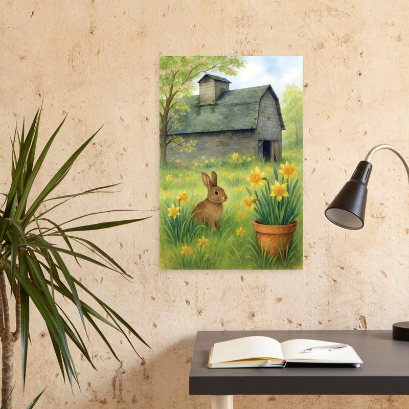 Lapin dans les jonquilles, art abstrait printemps nature jonquille contemporaine rustique, H 24 po x l 16 po