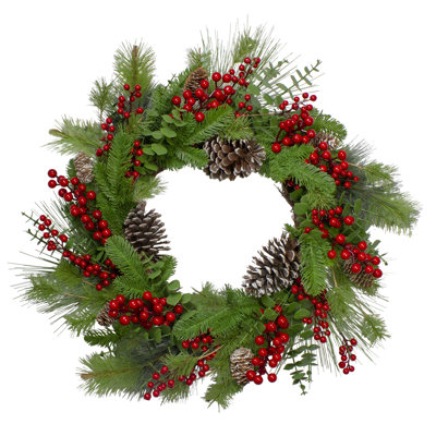 Couronne de Noël artificielle Holly Berries and Snowy Pinecones - 24 pouces