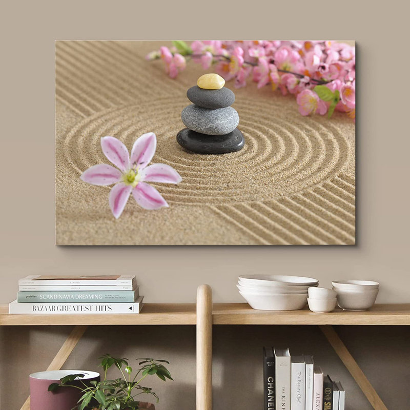 «Zen Stones Flower and Zen Stone in Sand», reproduction de photo sur toile tendue, H 12 po x l 18 po x P 2 po