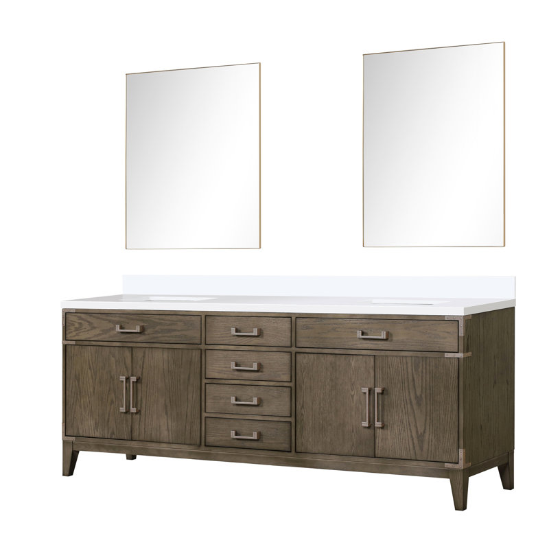84 po Meuble-lavabo double large en chêne gris avec fonction de fermeture en douceur et miroirs avec 36