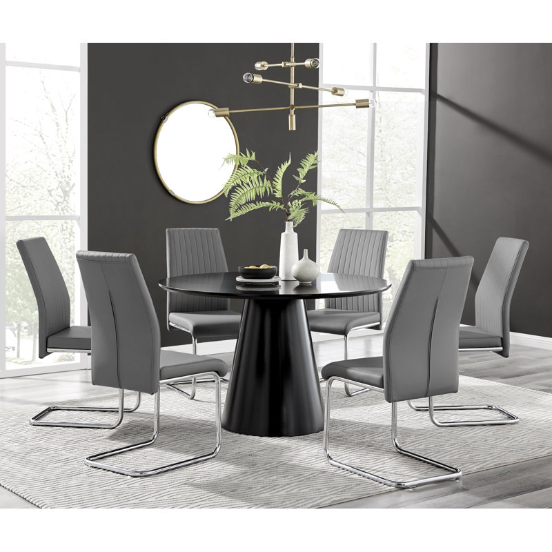 Edward Statement Pedestal Dining Table Set with 6 Luxury Faux Leather Upholstered Dining Chairs, White, Gray
