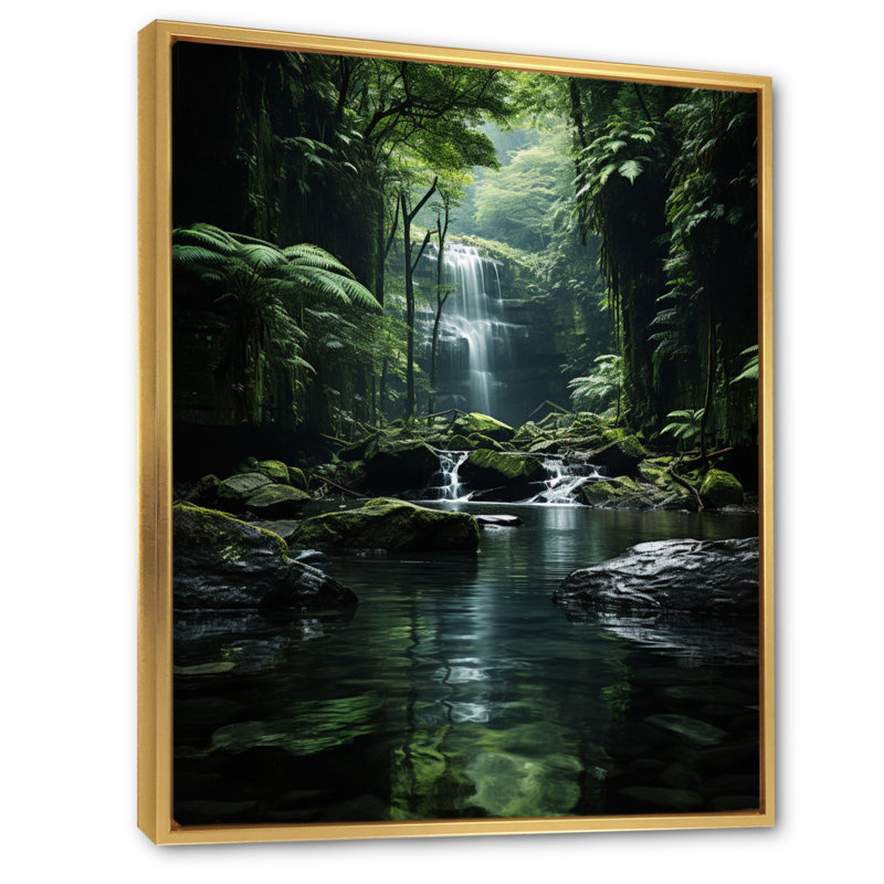 Waterfall Hidden Oasis Forest II, reproduction d'art sur toile, Cadre flottant doré, H 44 po x l 34 po x P 1,5 po