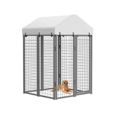 YOKWOK 4.1×4.1 ft Outdoor Dog Kennel with Waterproof UV-Protective Roof, Heavy Duty Galvanized Steel Dog Run House with Secure Lock, Dog Kennel Pet Enclosure for Outside Use