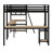 Twin Size Metal L-Shaped Loft Bed – LED Lights, Storage Shelves, 2 Charging Stations & 2 Built-In Desks