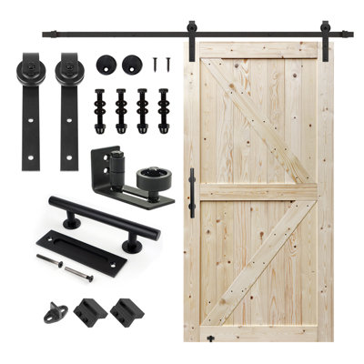 S&Z TOPHAND Unfinished British Brace Knotty Barn Door with Sliding Door Hardware Kit/Solid Wood/Sliding Door/Double Surfaces/A Simple Assembly is Required
