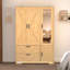 Armoire 4 portes avec miroir, armoire à DEL avec portes et 2 tiroirs, armoire de rangement en bois avec tringle, tablettes réglables, naturel