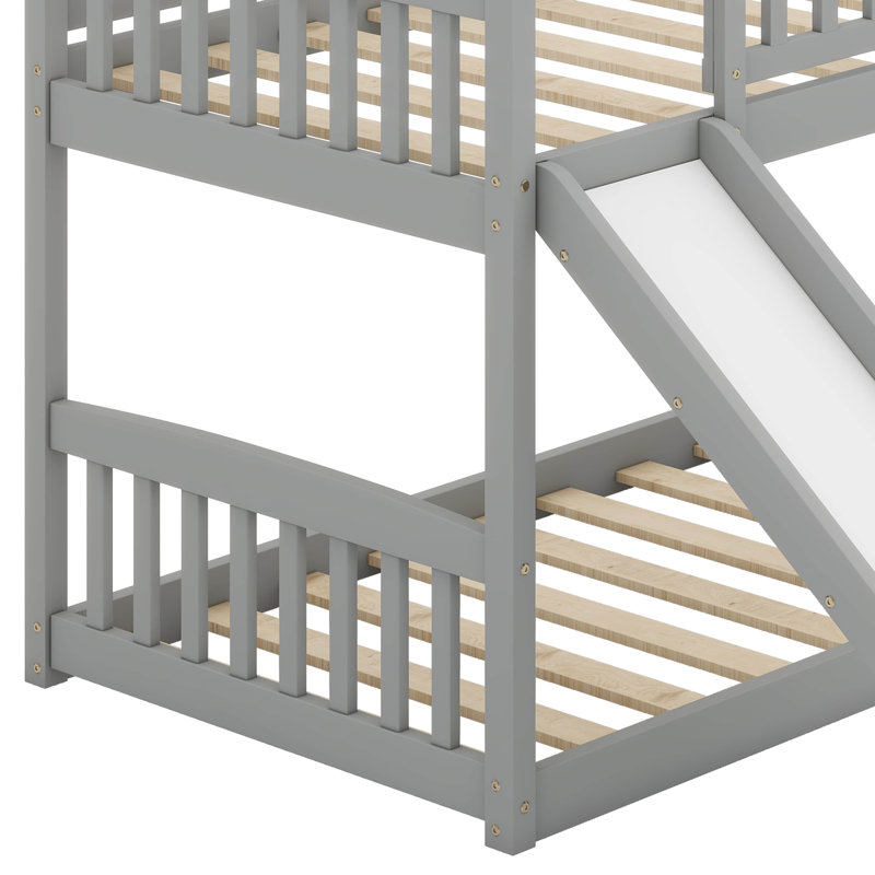 Analey Twin Over Twin House Bunk Bed With Slide, Gray