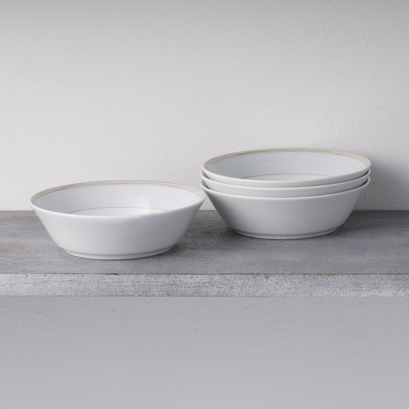 White Ceramic Soup Bowls with Gold Trim, Set of Four