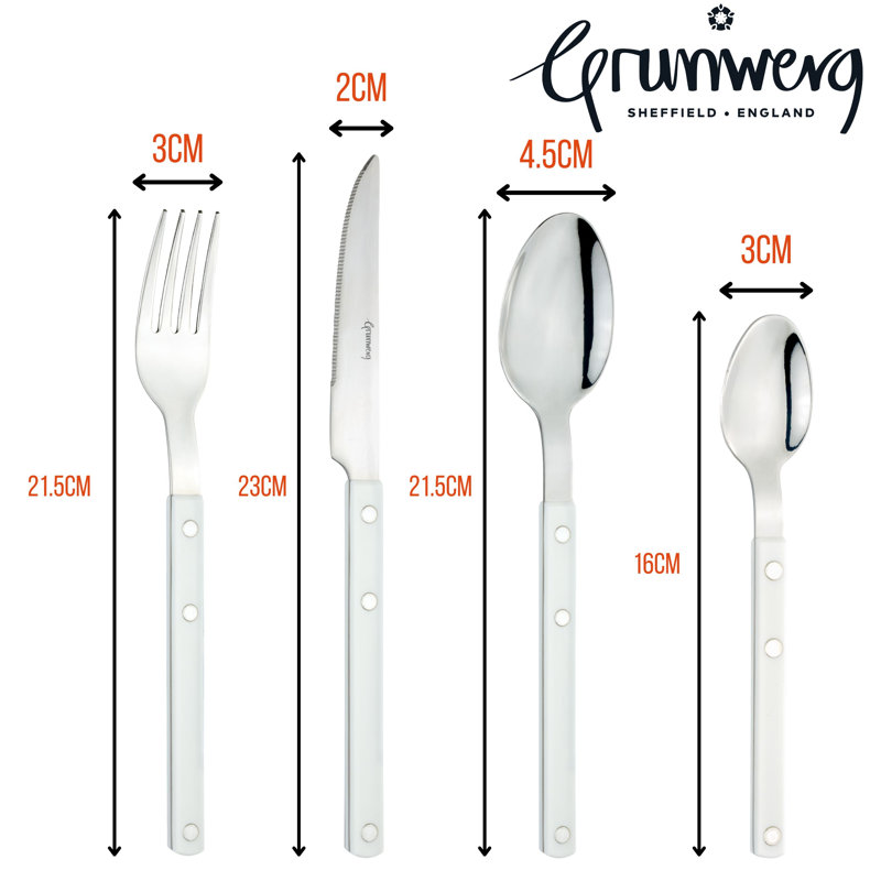 Grunwerg Bistro Cutlery, 16 Piece Set, 18/0 Stainless Steel, Riveted Handle, White
