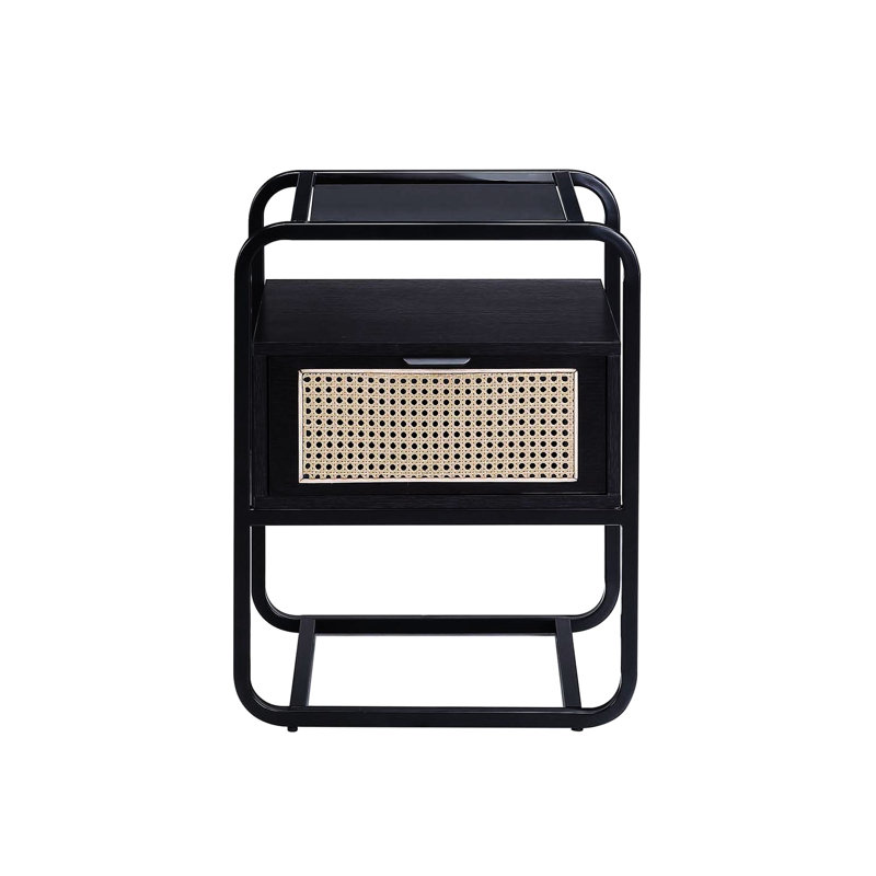 Élégante table à cadre en métal avec plateau en verre trempé et table de chevet moderne avec rangement