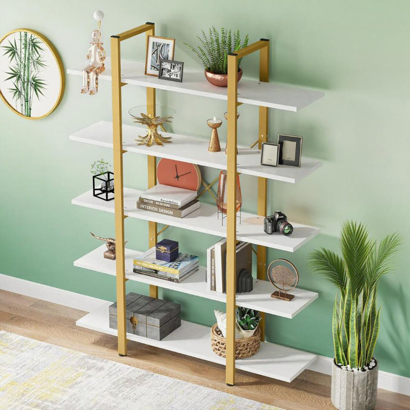 5-Tier Shelf Bookcase Metal Frame, Gold/White