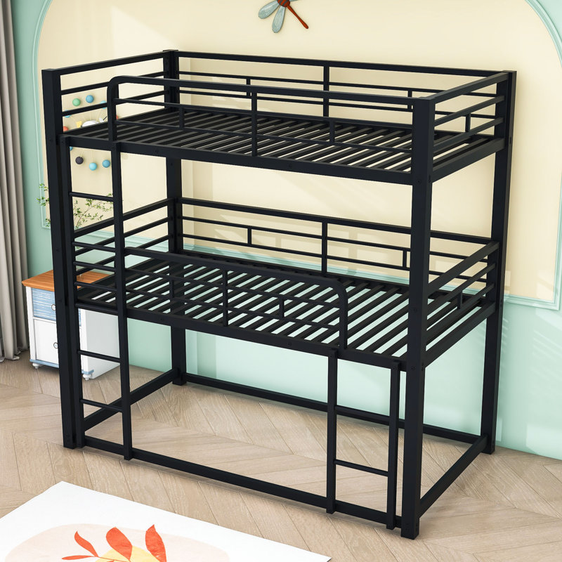 Comburg Steel Twin Over Twin Over Twin Bunk Bed with Built-In Ladder, Black
