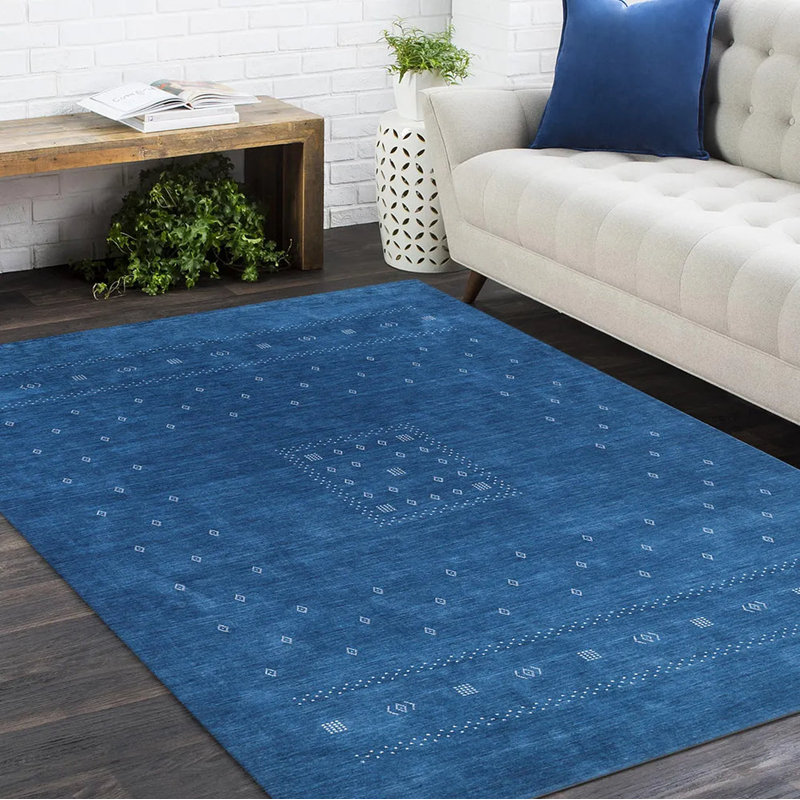 Simi Hand Knotted Cotton/Wool Southwestern Area Rug, Navy, Rectangle 6' x 9'