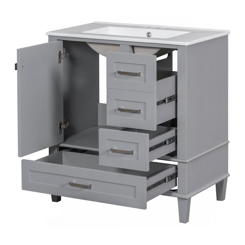 Meuble-lavabo moderne de 30 po avec ensemble de meuble-lavabo 30 po, armoire de rangement pour salle de bain avec porte à fermeture douce et 3 tiroirs, structure en bois massif (gris)