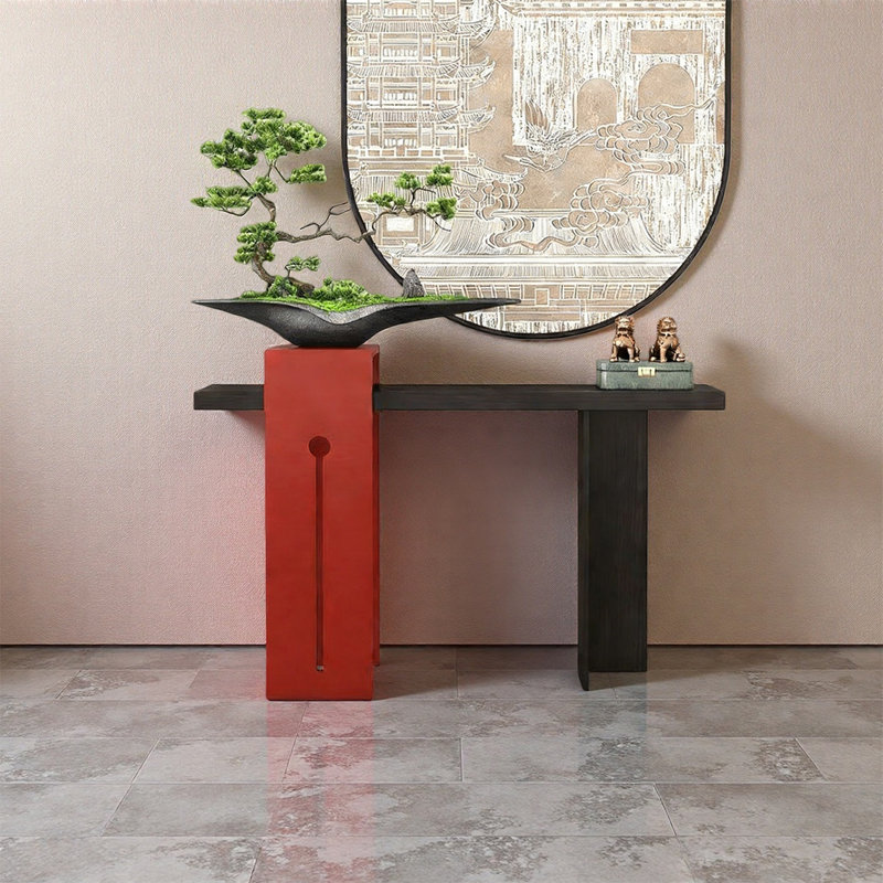Console de hall d'entrée en bois massif, 35.43" H x 39.37" W x 11.81" D, Rouge / Noir