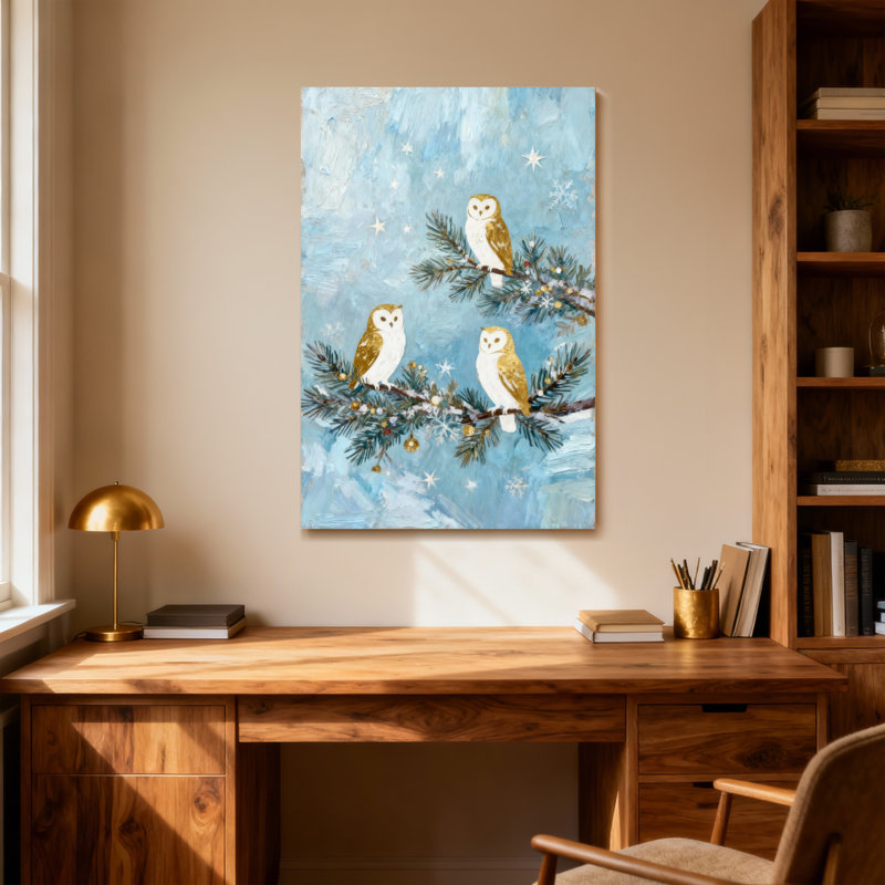 Animals Owls Perched On Branches With Snowflakes