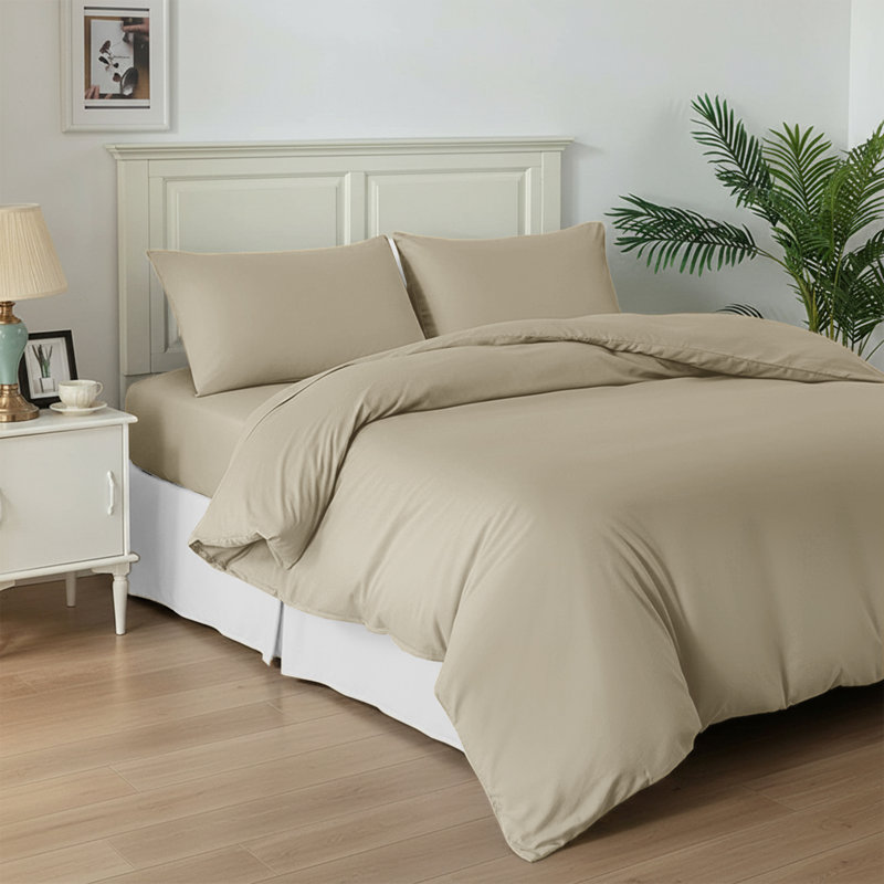 Super Soft Reversible 4 piece Plain Duvet Cover Set with Pillowcases, Single Duvet Cover + 2 Additional Pieces, Beige