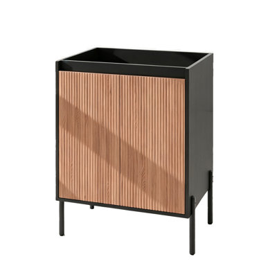 Meuble-lavabo moderne de 76 cm (30 po) en noyer et noir, portes doubles cannelées à fermeture douce, tablette intérieure réglable, pieds en aluminium, autoportant ou mural, sans lavabo, idéal pour les projets de rénovation de salle de bain.