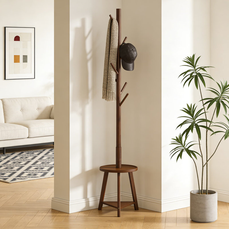Portemanteau autoportant avec 2 tablettes et 8 crochets, portemanteau en bois de bambou à hauteur réglable pour le couloir, le bureau et le salon