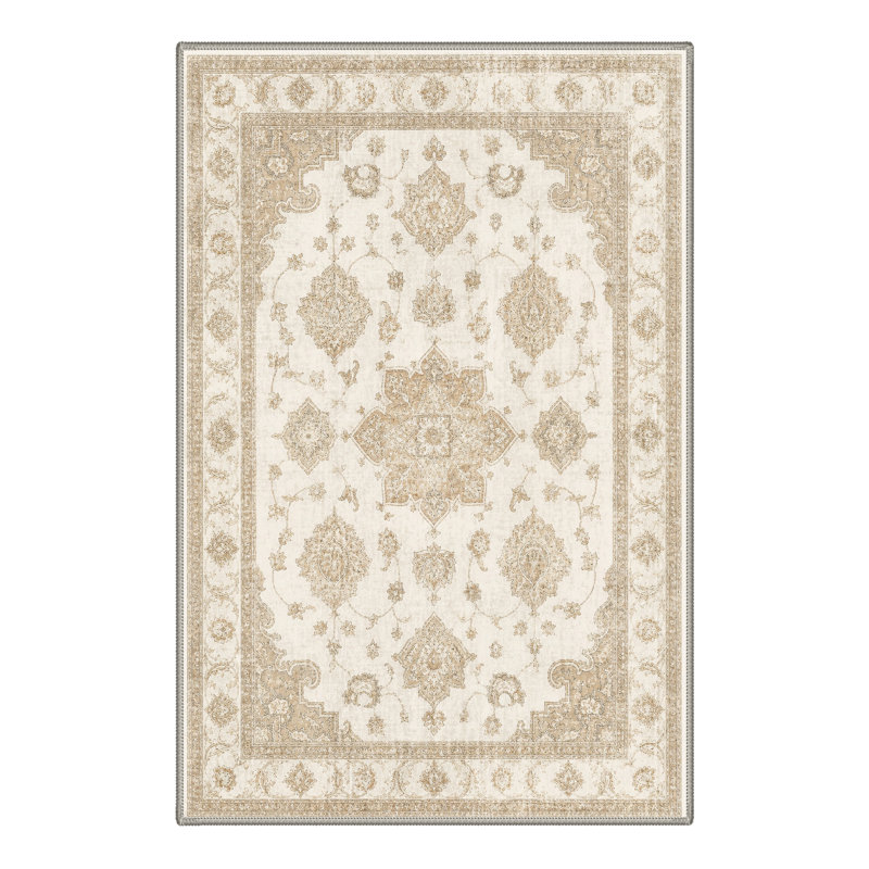 Paillasson oriental traditionnel ivoire/beige performant à poils courts, lavable et antidérapant, Rectangle 3' x 5'