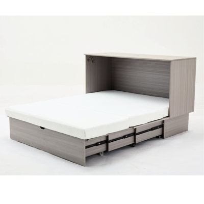 Queen Size Bed With Storage Compartment, Folding Mattress & Charging Hub, Gray Convertible Cabinet, Gray, Space,
