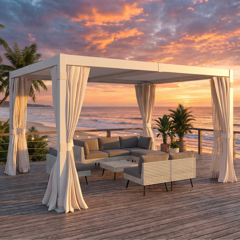10x12 FT Premium Aluminum Louvered Pergola with Adjustable Roof &  Privacy Curtain