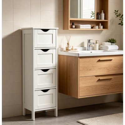 White 4‑Drawer Tall Narrow Chest of Drawers, Freestanding Wooden Storage Cabinet, Slim Dresser Organizer for Bedroom, Bathroom, Living Room