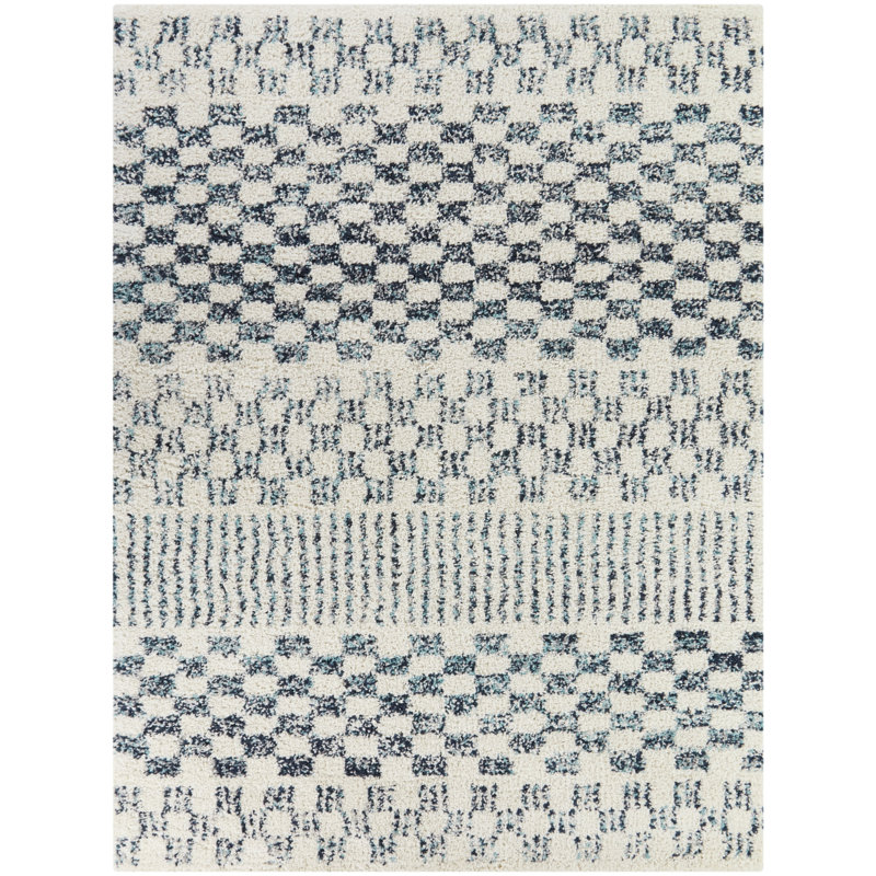 Tapis à poil long ivoire à carreaux jiya, Rectangle 5 pi 3 po x 7 pi
