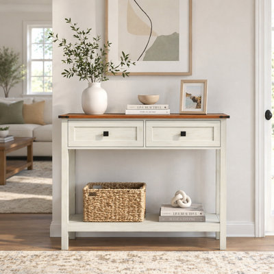 Farmhouse Style Console Table With 2 Drawer And Bottom Storage Shelf